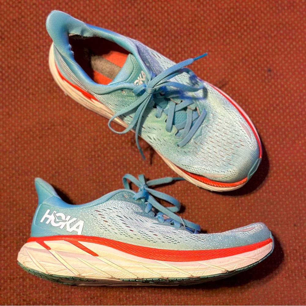 Women Hoka Clifton 8 Lace Up Sneaker In Aquarelle Blue Eggshell Sz 8.5B